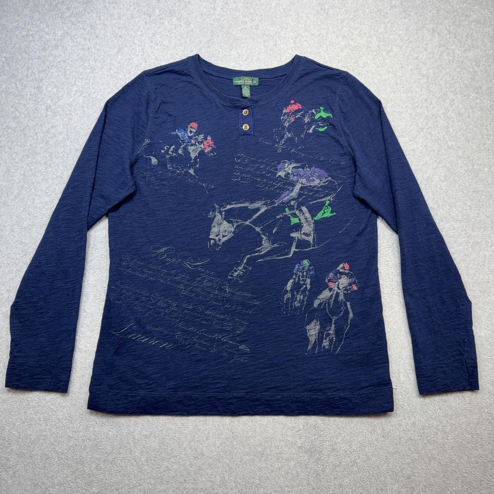 Lauren Ralph Lauren Tee Shirt Womens XL Blue Henley Horse Graphic Top Equestrian